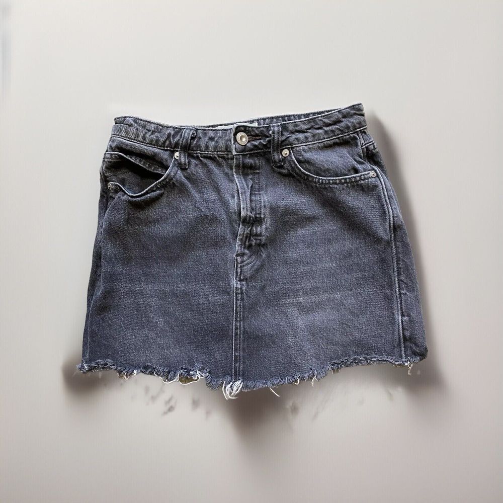 We The Free People‎ Black Denim Jean Raw Hem Button Fly Mini Skirt Size 26